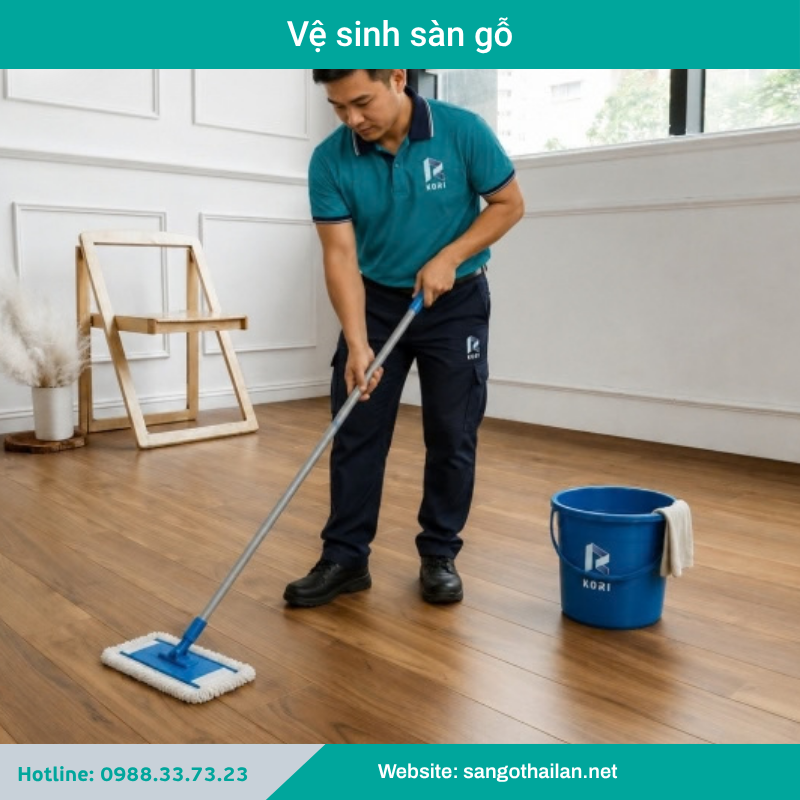 Anh công nhân vệ sinh sàn gỗ